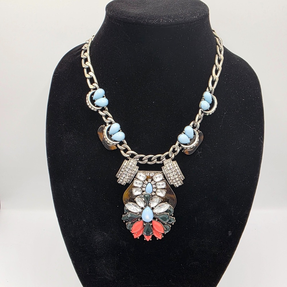 Antique Silver Statement‎ Necklace Link Chain Lobster Multicolor Rhinestone 25"